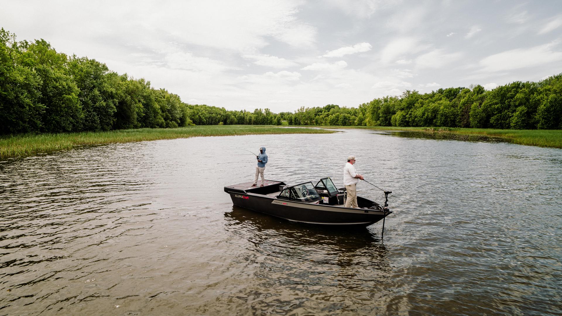 Two anglers on a 2025 Alumacraft Trophy aluminum boat