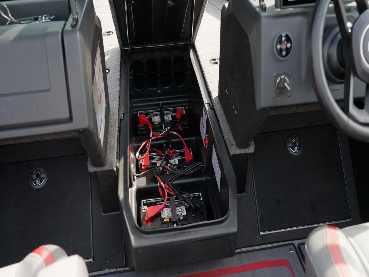 Battery compartment storage available on Alumacraft Trophy & Competitor boats