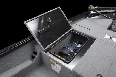 Life Vests Stacked in Open Storage Compartment on Pro 175 Bass Boat