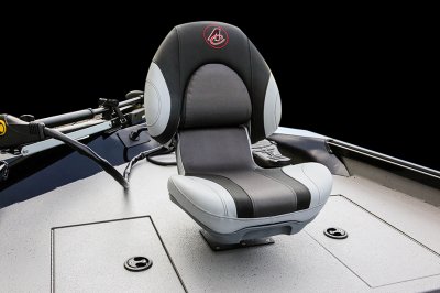 Black and White Casting Seat At The Bow of a Alumacraft 175 Prowler Boat