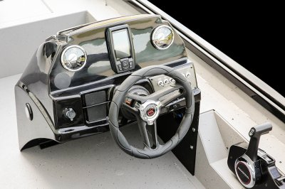 Steering Wheel and Dashboard of a Alumacraft 175 Prowler Bass Boat