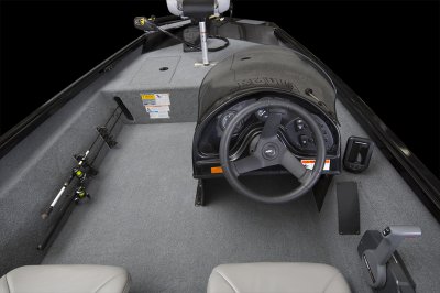 Dashboard, Fishing Rod Storage Compartment, and Casting Seat on Alumacraft 165 Prowler Bass Boat