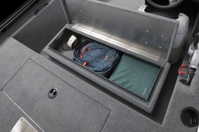 Backpack and Hat Stored in Middle Storage Compartment on Alumacraft 165 Prowler Bass Boat