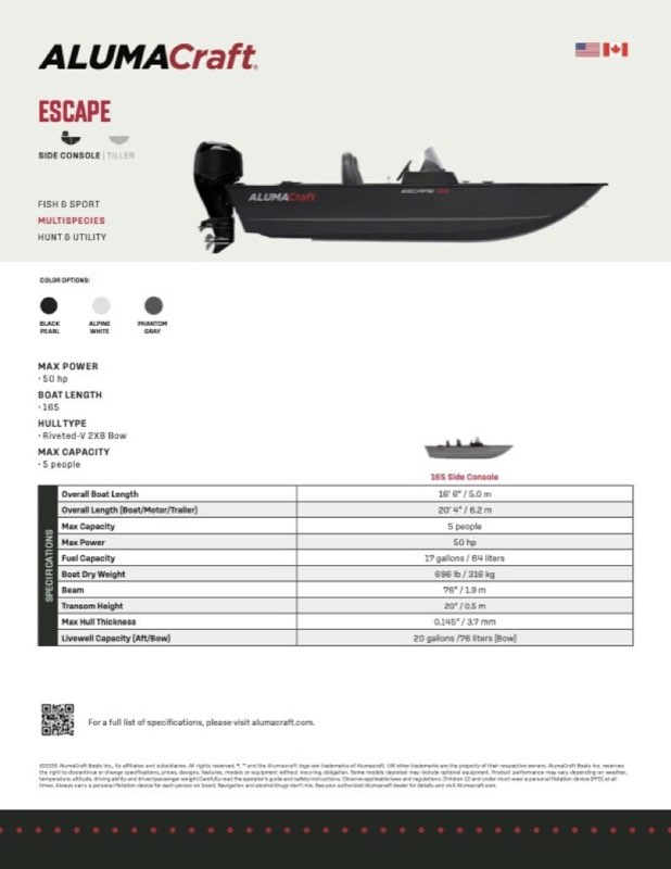 Escape 165 Side Console specification sheet