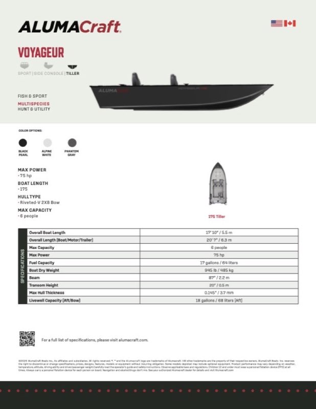 Voyageur 175 Tiller specification sheet